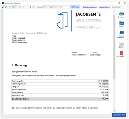 Mahnung Druckansicht