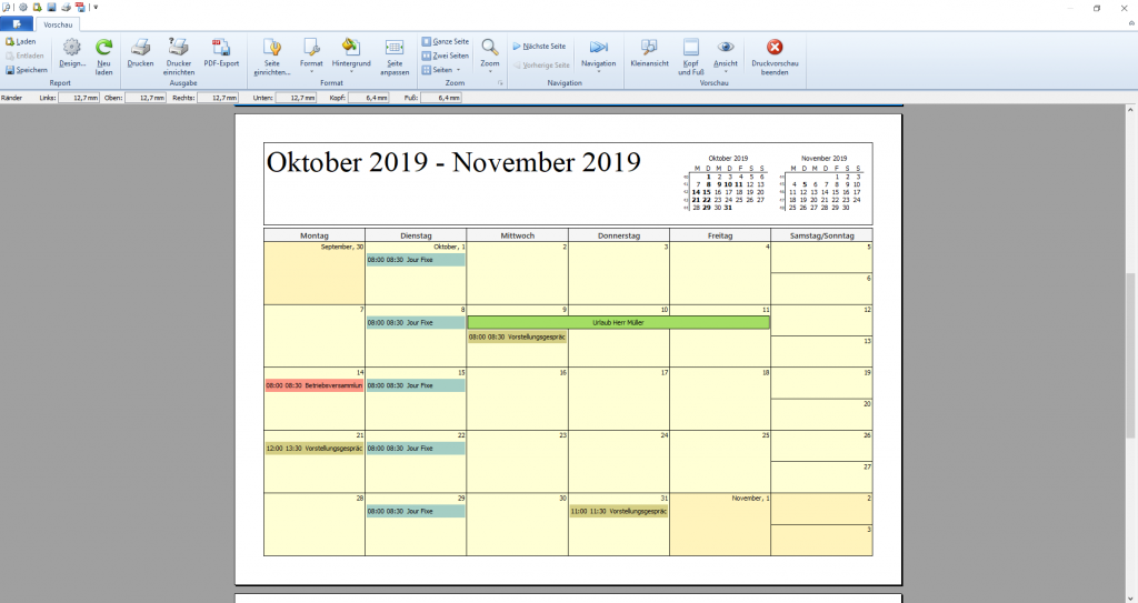 orgaMAX Kalender Druckvorschau