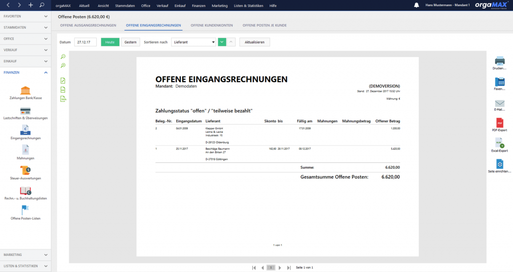 orgaMAX Offene Posten Eingangsrechnungen