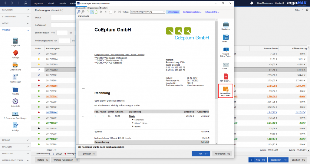 orgaMAX Versanddaten Export Ansicht