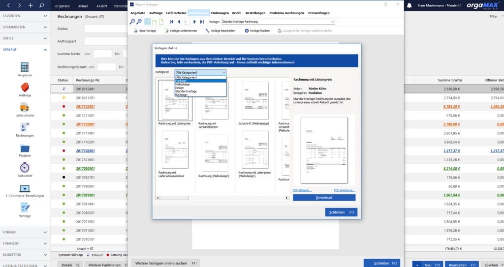 orgaMAX Vorlagendesigner Vorlagen Online